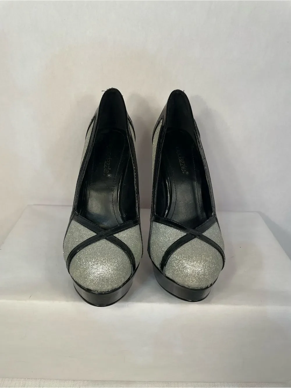 Black and Silver Glitter Platform Stiletto Pumps